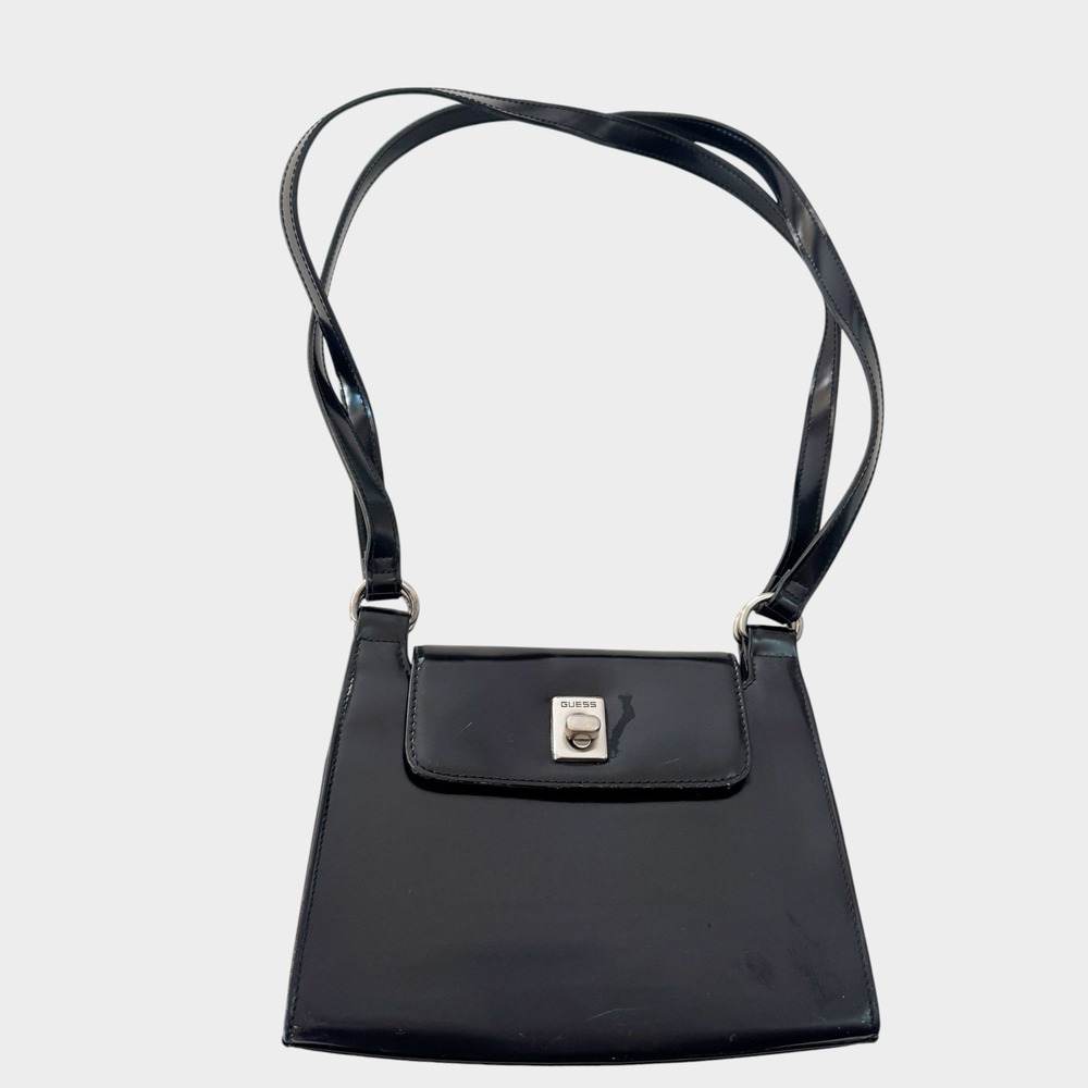 GUESS Women Y2K Black Patent Faux Leather Shoulder Bag Turn Lock Glossy
